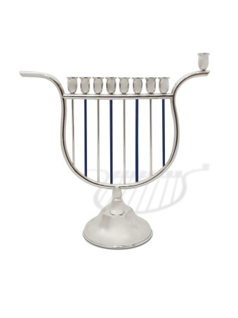 חנוכיית כסף סטרלינג צבעונית בצורת נבל , מתנות חתונה יהודיות ,